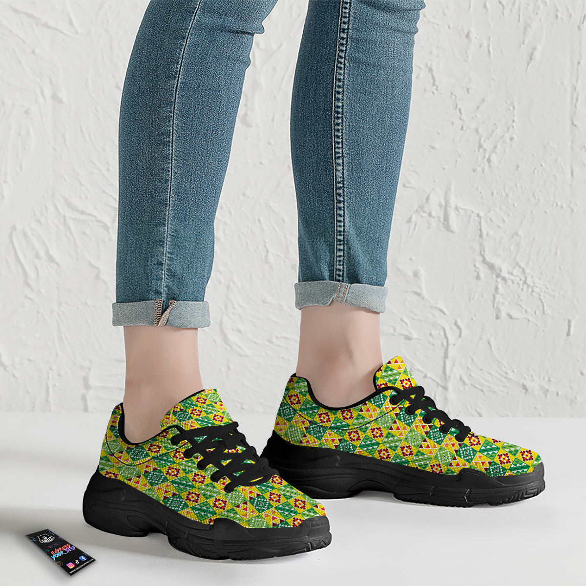 Kente Asante Print Pattern Black Chunky Shoes-grizzshop
