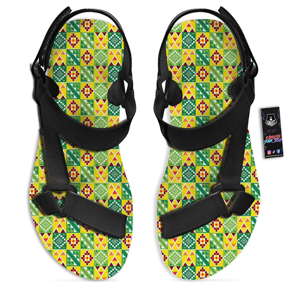 Kente Asante Print Pattern Black Open Toe Sandals-grizzshop