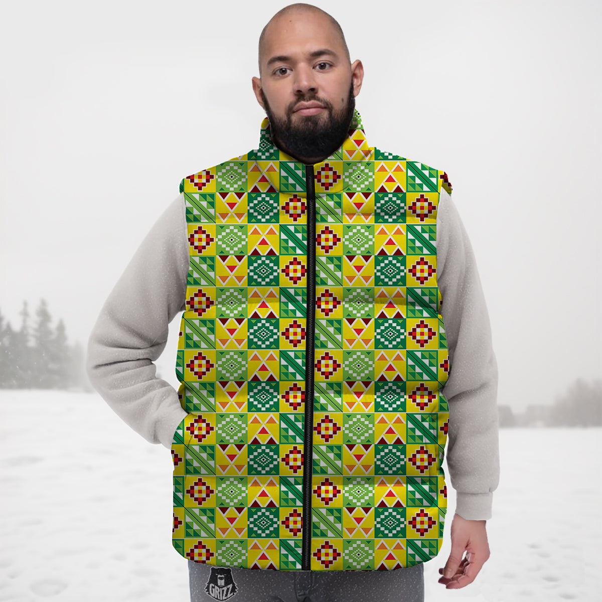Kente Asante Print Pattern Down Vest-grizzshop