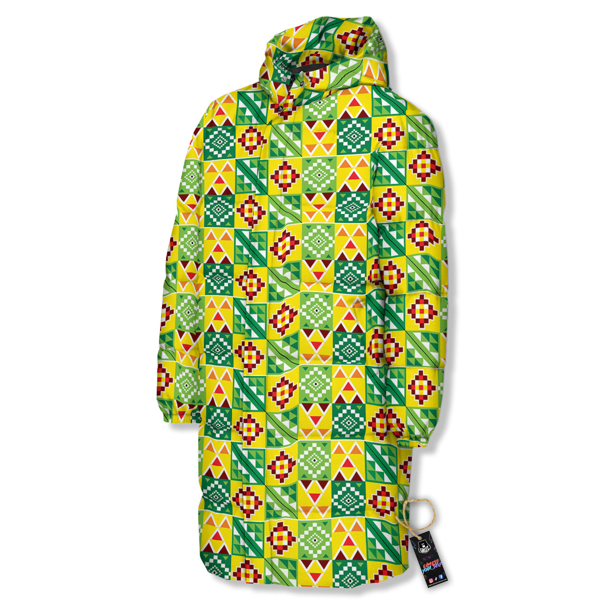 Kente Asante Print Pattern Long Down Jacket-grizzshop