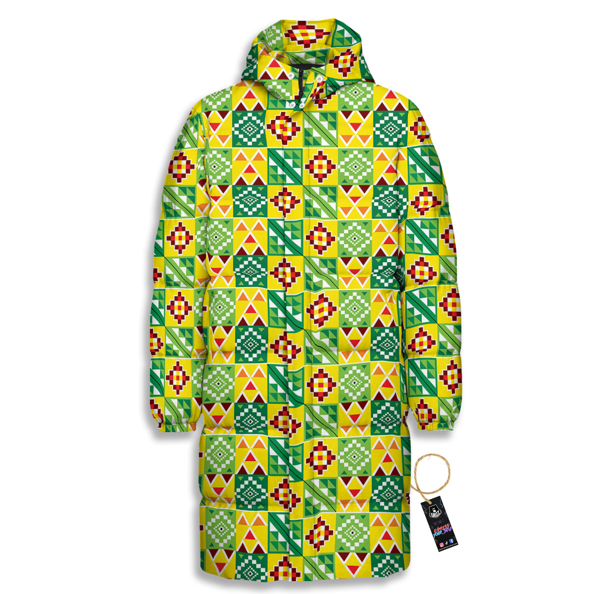 Kente Asante Print Pattern Long Down Jacket-grizzshop