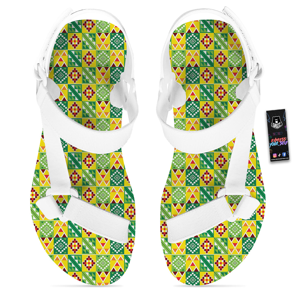 Kente Asante Print Pattern White Open Toe Sandals-grizzshop