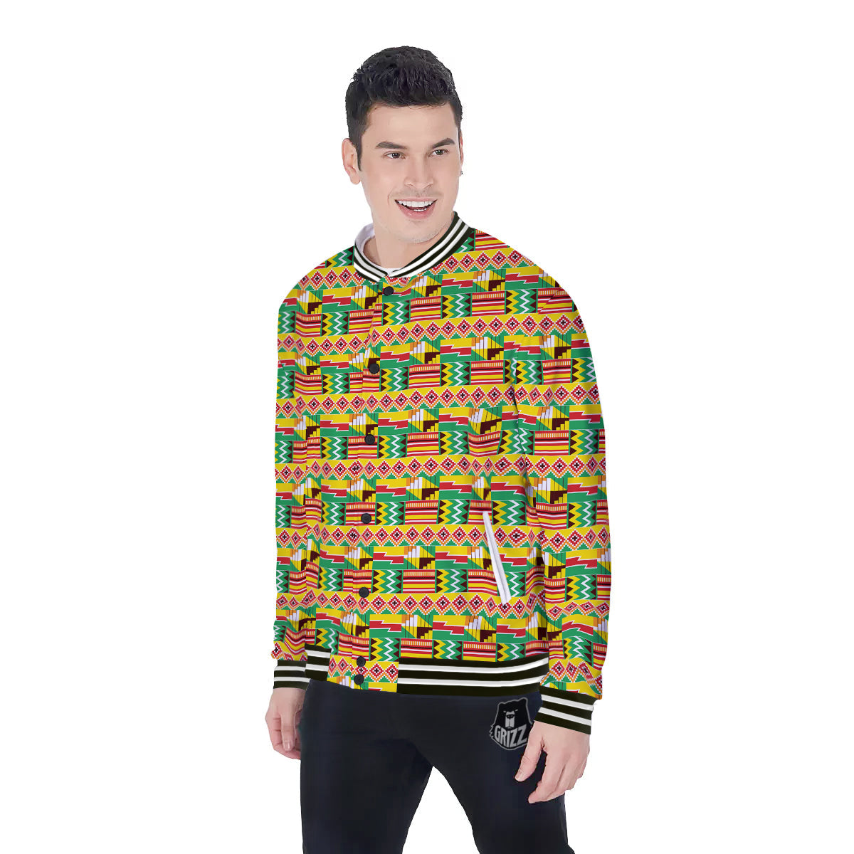 Kente Ashanti Print Pattern Baseball Jacket-grizzshop