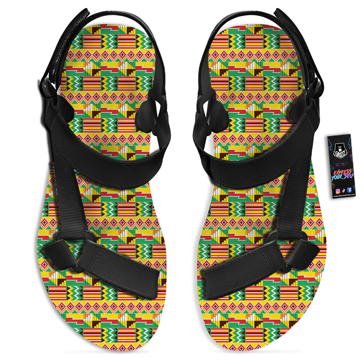 Kente Ashanti Print Pattern Black Open Toe Sandals-grizzshop