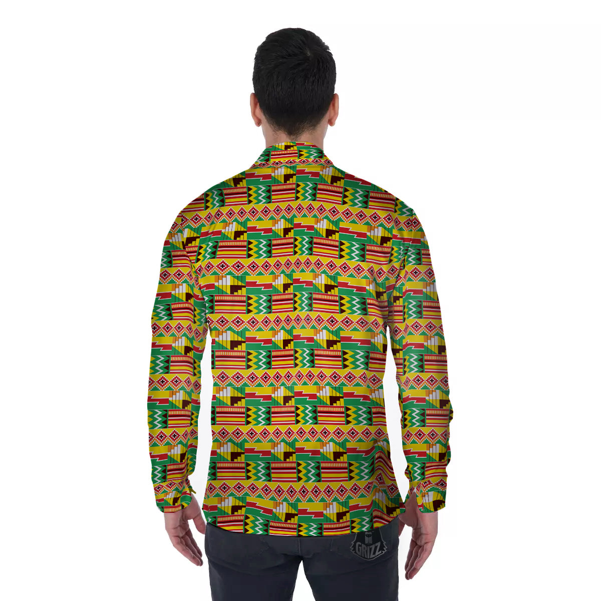 Kente Ashanti Print Pattern Men's Long Sleeve Shirts-grizzshop