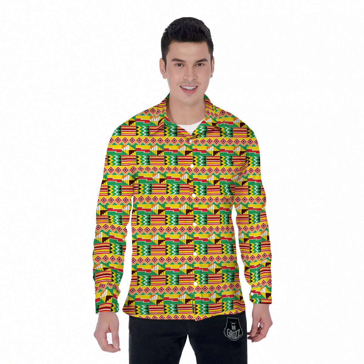 Kente Ashanti Print Pattern Men's Long Sleeve Shirts-grizzshop