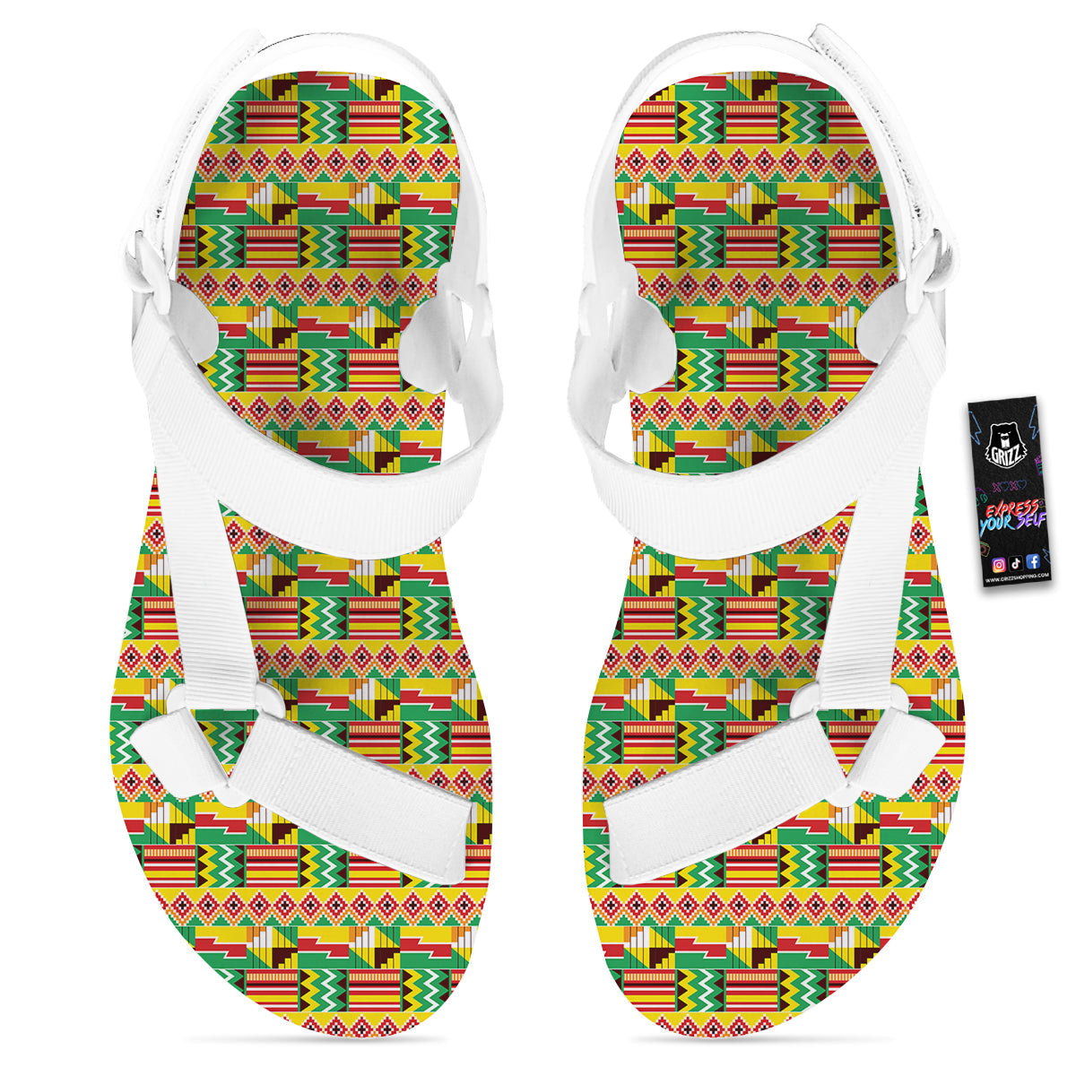 Kente Ashanti Print Pattern White Open Toe Sandals-grizzshop