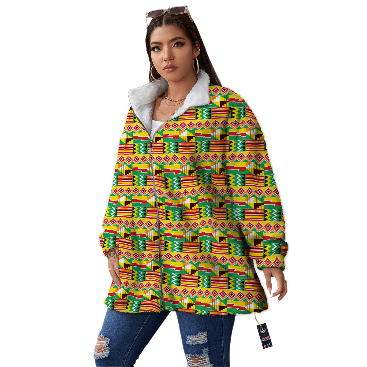 Kente Ashanti Print Pattern Women's Sherpa Jacket-grizzshop