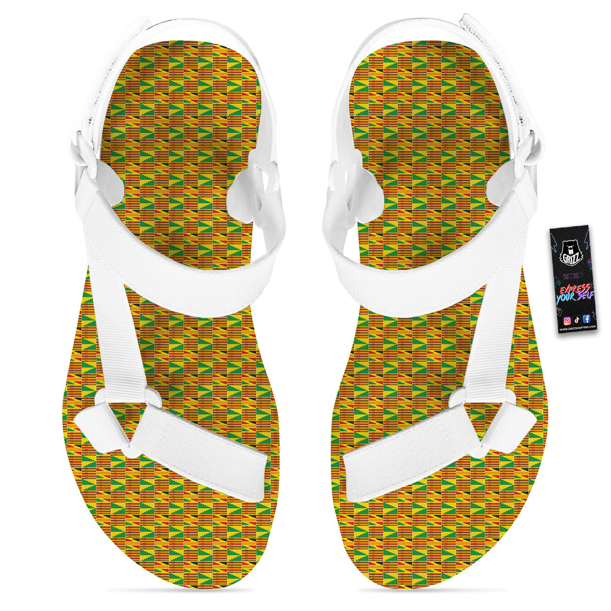 Kente Bonwire Print Pattern White Open Toe Sandals-grizzshop