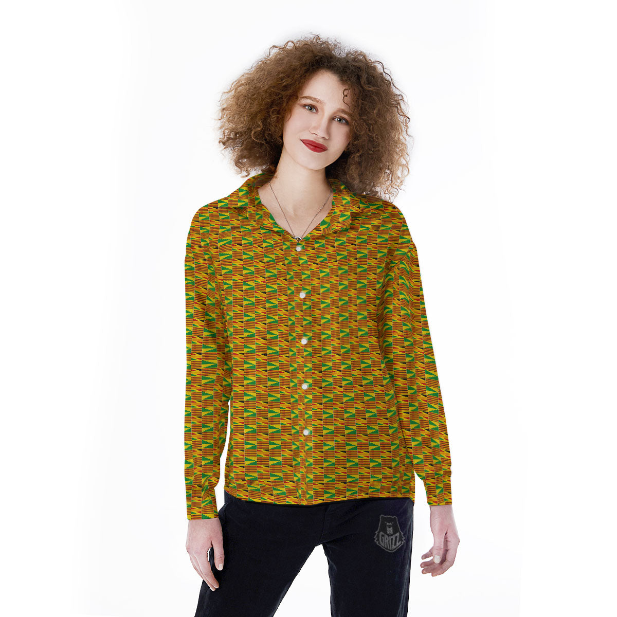 Kente Bonwire Print Pattern Women's Long Sleeve Shirts-grizzshop