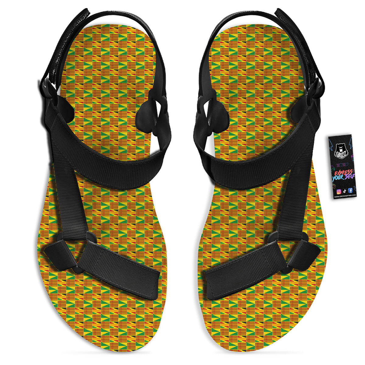 Kente Ghana Print Pattern Black Open Toe Sandals-grizzshop