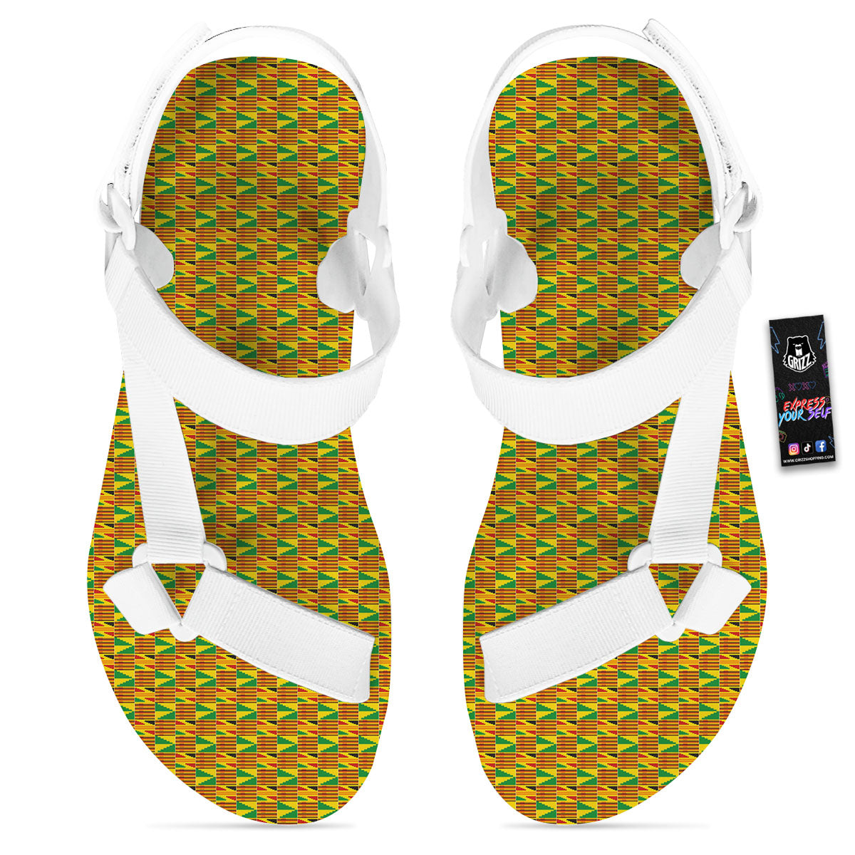 Kente Ghana Print Pattern White Open Toe Sandals-grizzshop