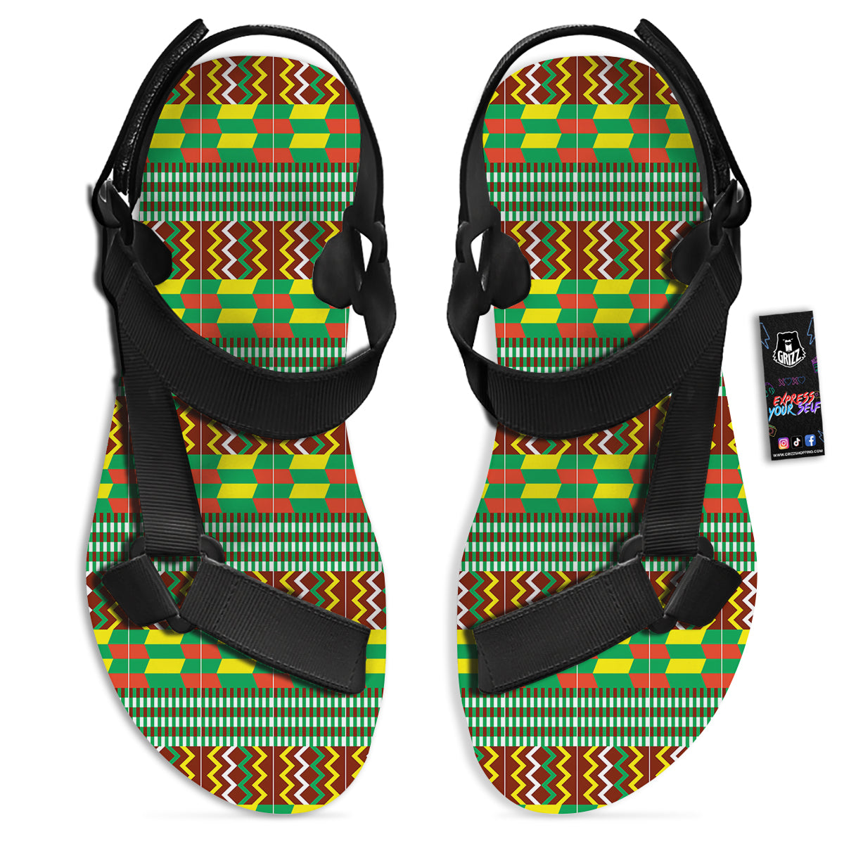 Kente Tribal West African Print Pattern Black Open Toe Sandals-grizzshop