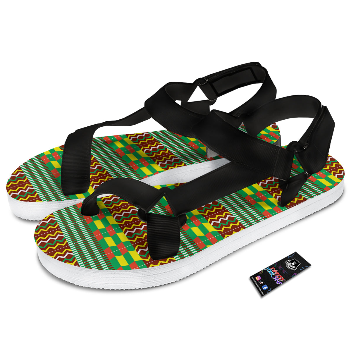 Kente Tribal West African Print Pattern Black Open Toe Sandals-grizzshop