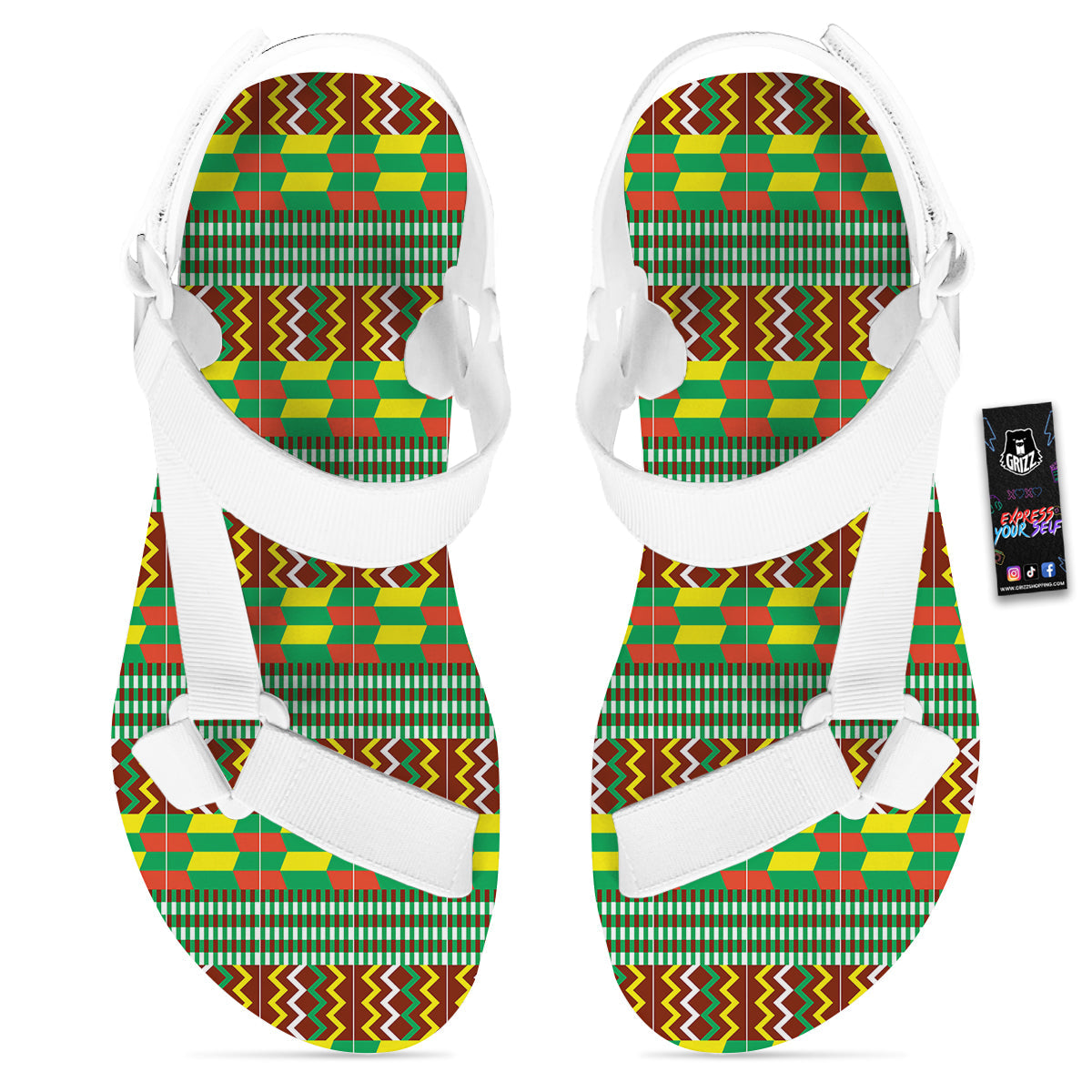 Kente Tribal West African Print Pattern White Open Toe Sandals-grizzshop