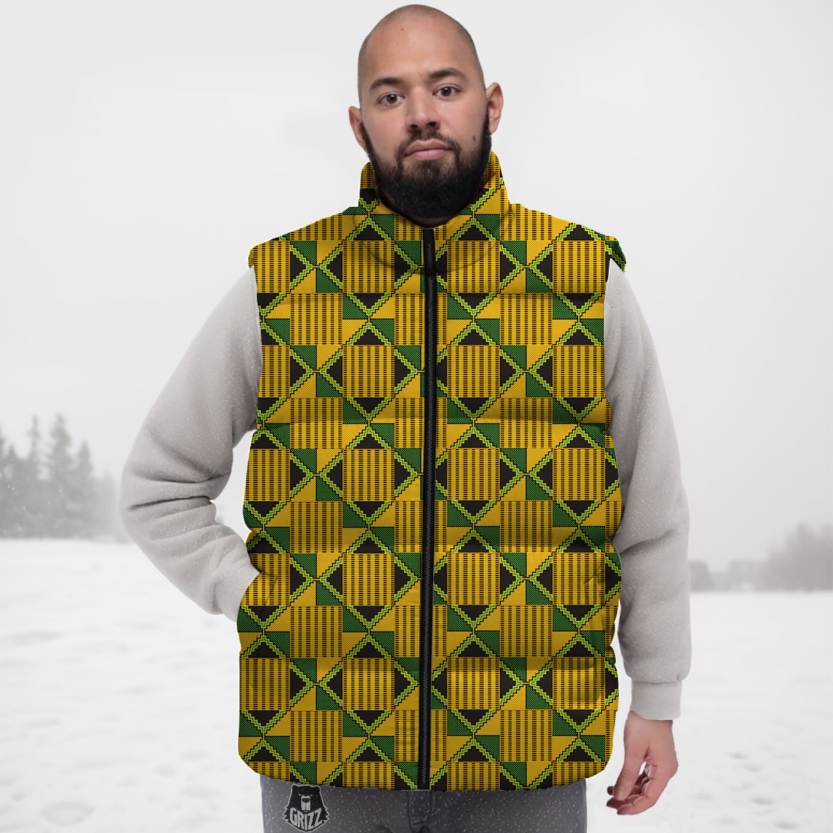 Kente Yellow Print Pattern Down Vest-grizzshop