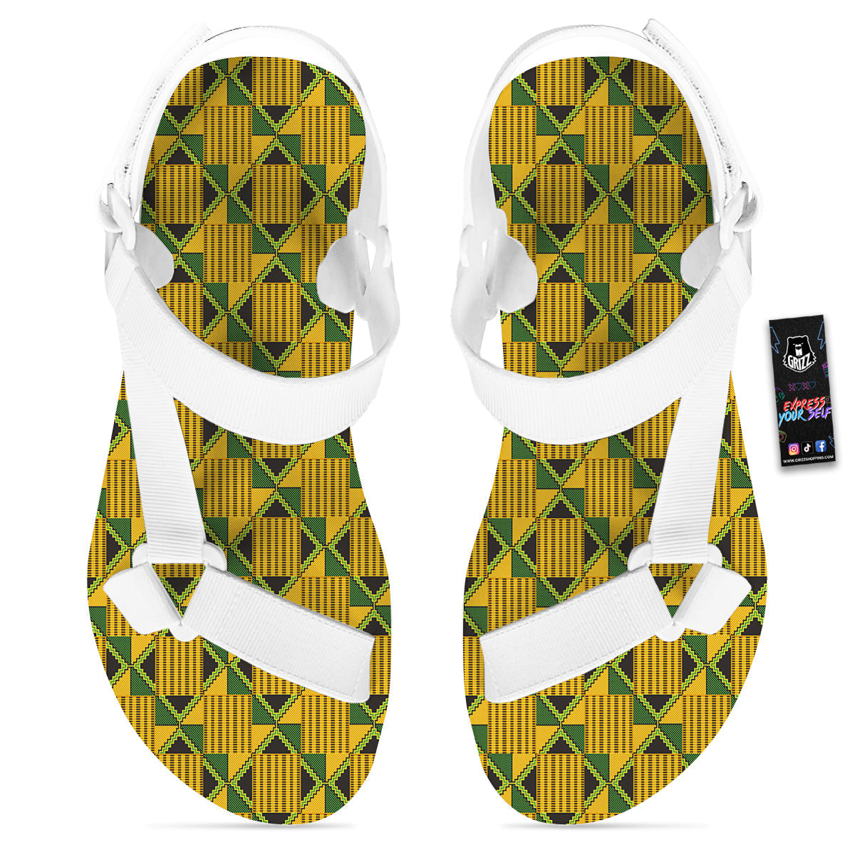 Kente Yellow Print Pattern White Open Toe Sandals-grizzshop