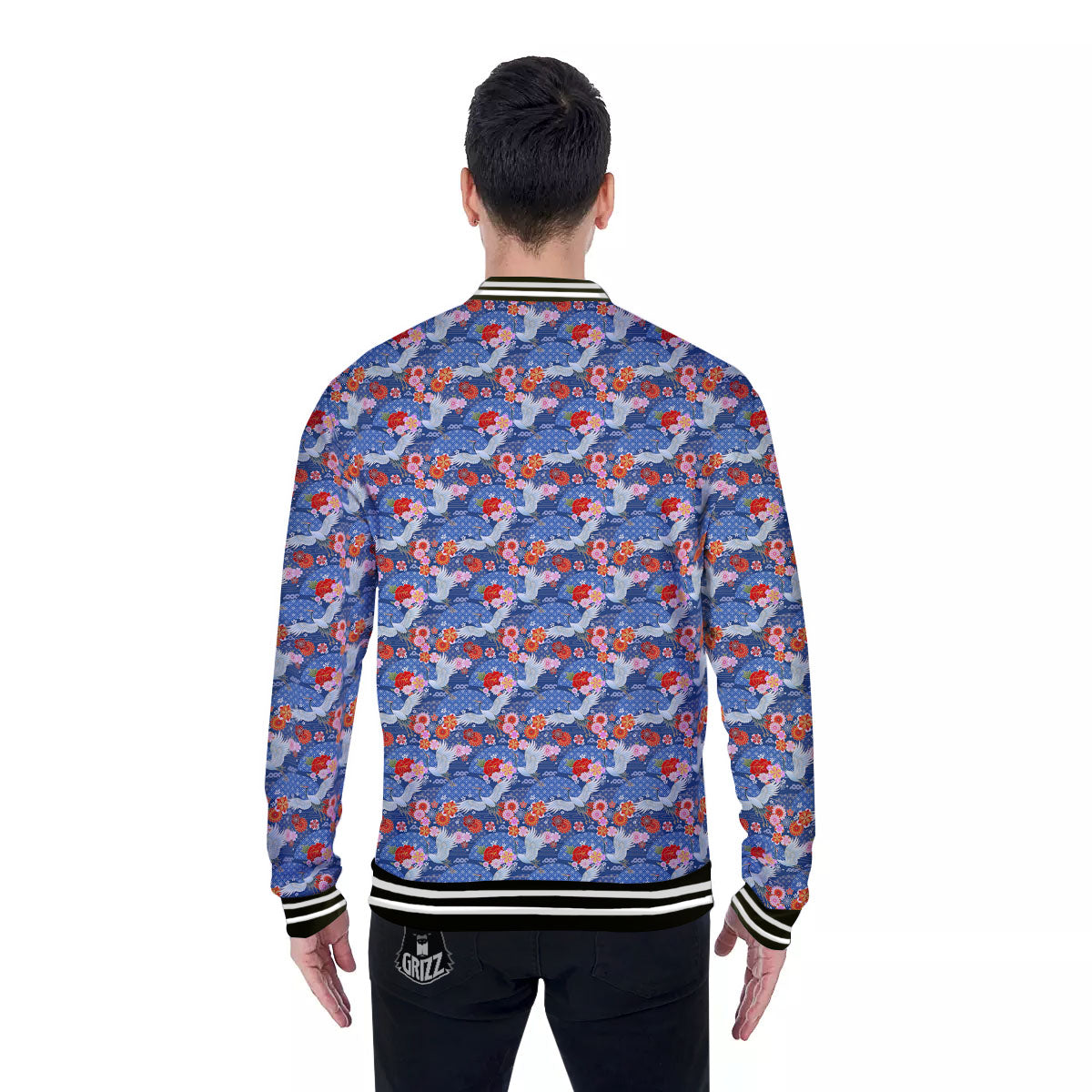 Kimono Bird Crane Print Pattern Baseball Jacket-grizzshop