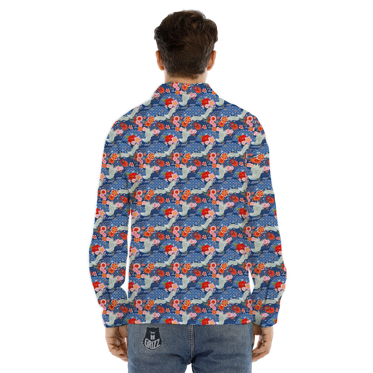 Kimono Bird Crane Print Pattern Men's Dress Shirts-grizzshop