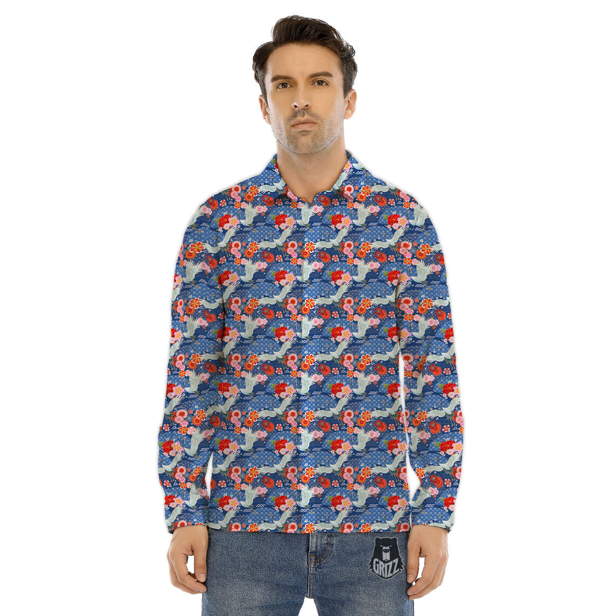 Kimono Bird Crane Print Pattern Men's Dress Shirts-grizzshop