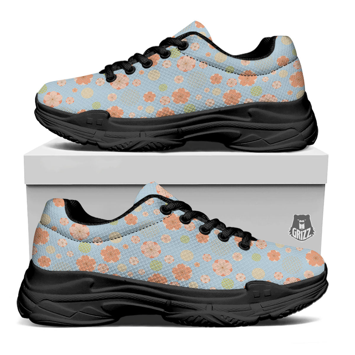 Kimono Cherry Blossom Print Pattern Black Chunky Shoes-grizzshop