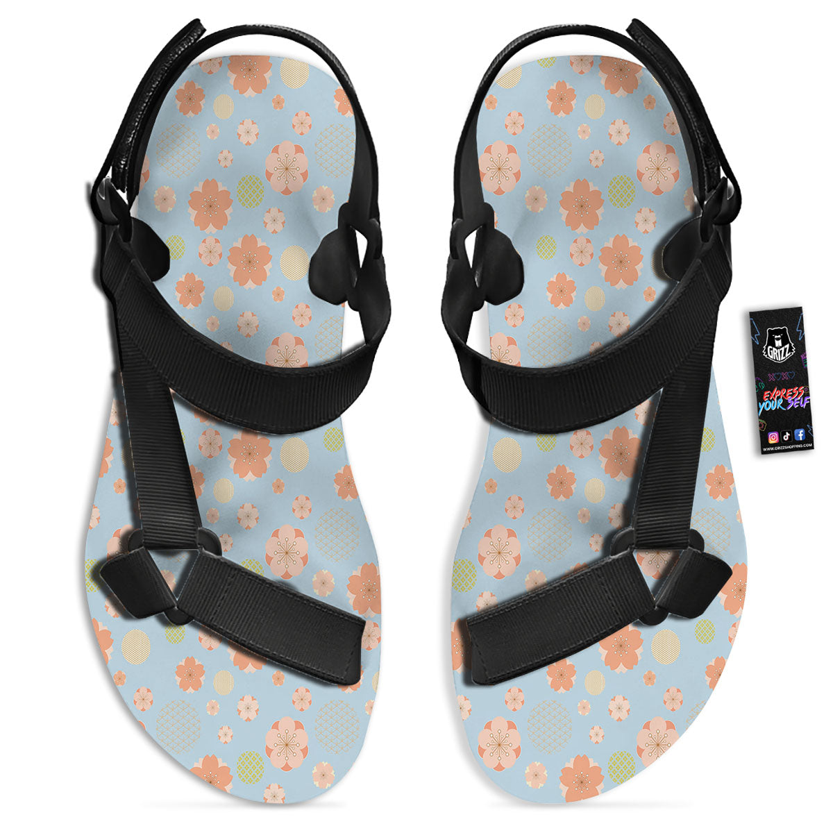 Kimono Cherry Blossom Print Pattern Black Open Toe Sandals-grizzshop