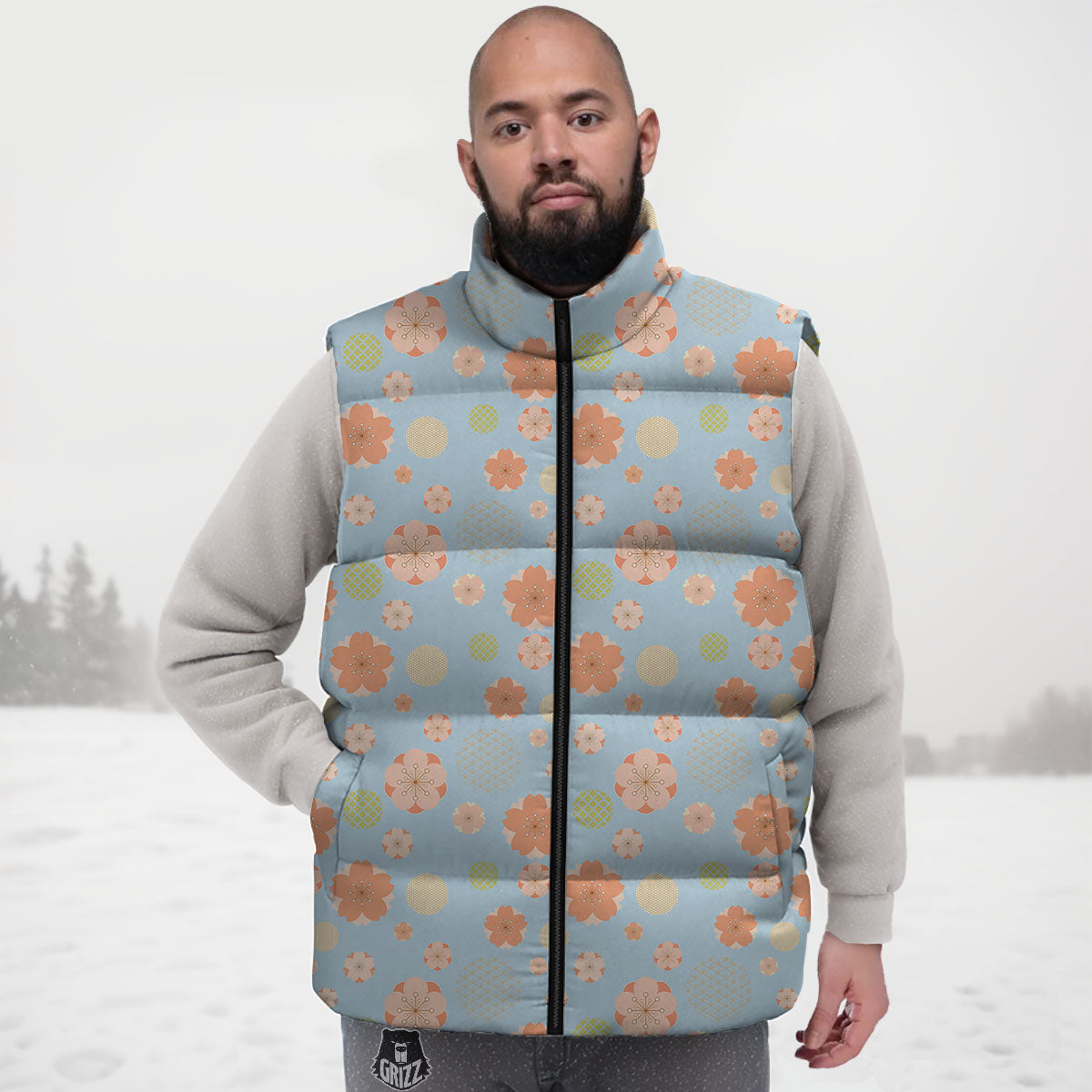 Kimono Cherry Blossom Print Pattern Down Vest-grizzshop