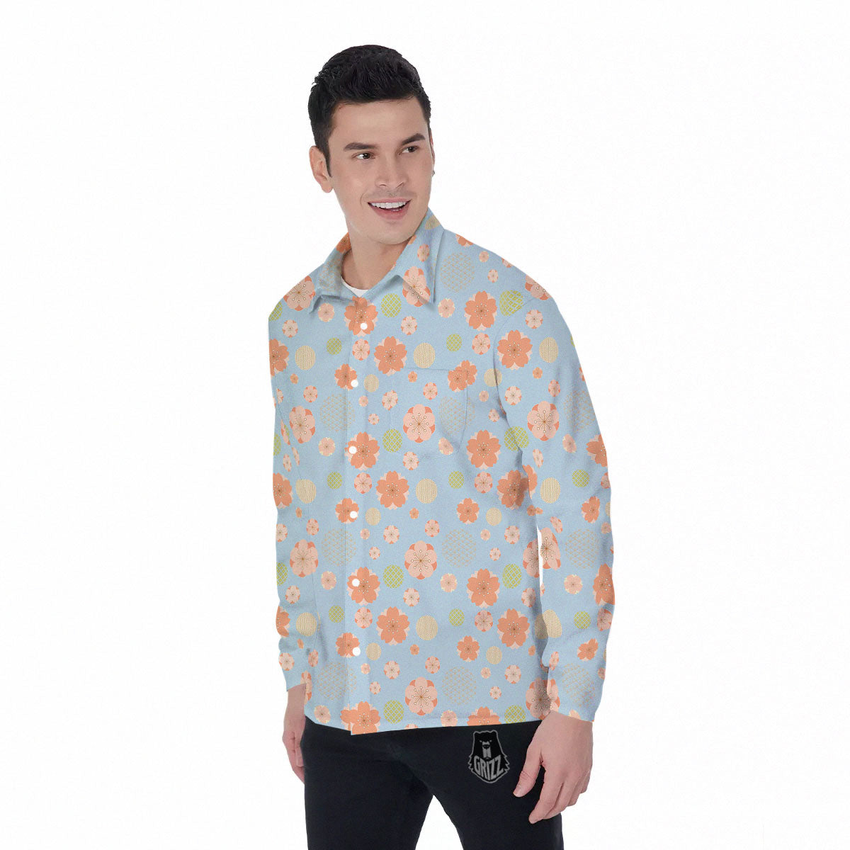 Kimono Cherry Blossom Print Pattern Men's Long Sleeve Shirts-grizzshop