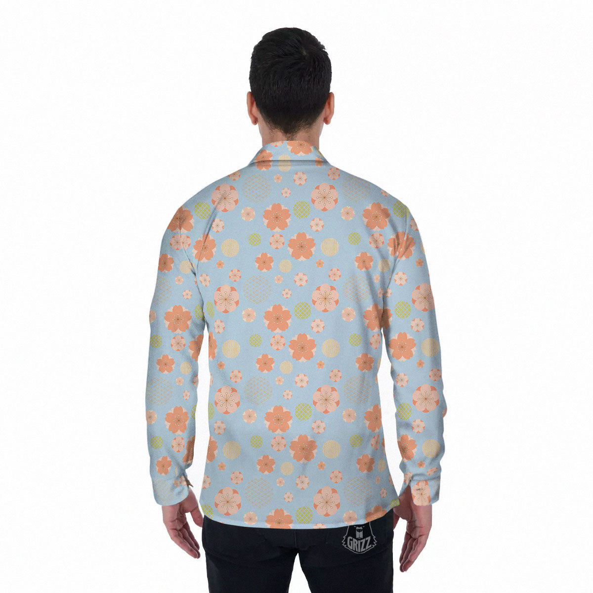 Kimono Cherry Blossom Print Pattern Men's Long Sleeve Shirts-grizzshop
