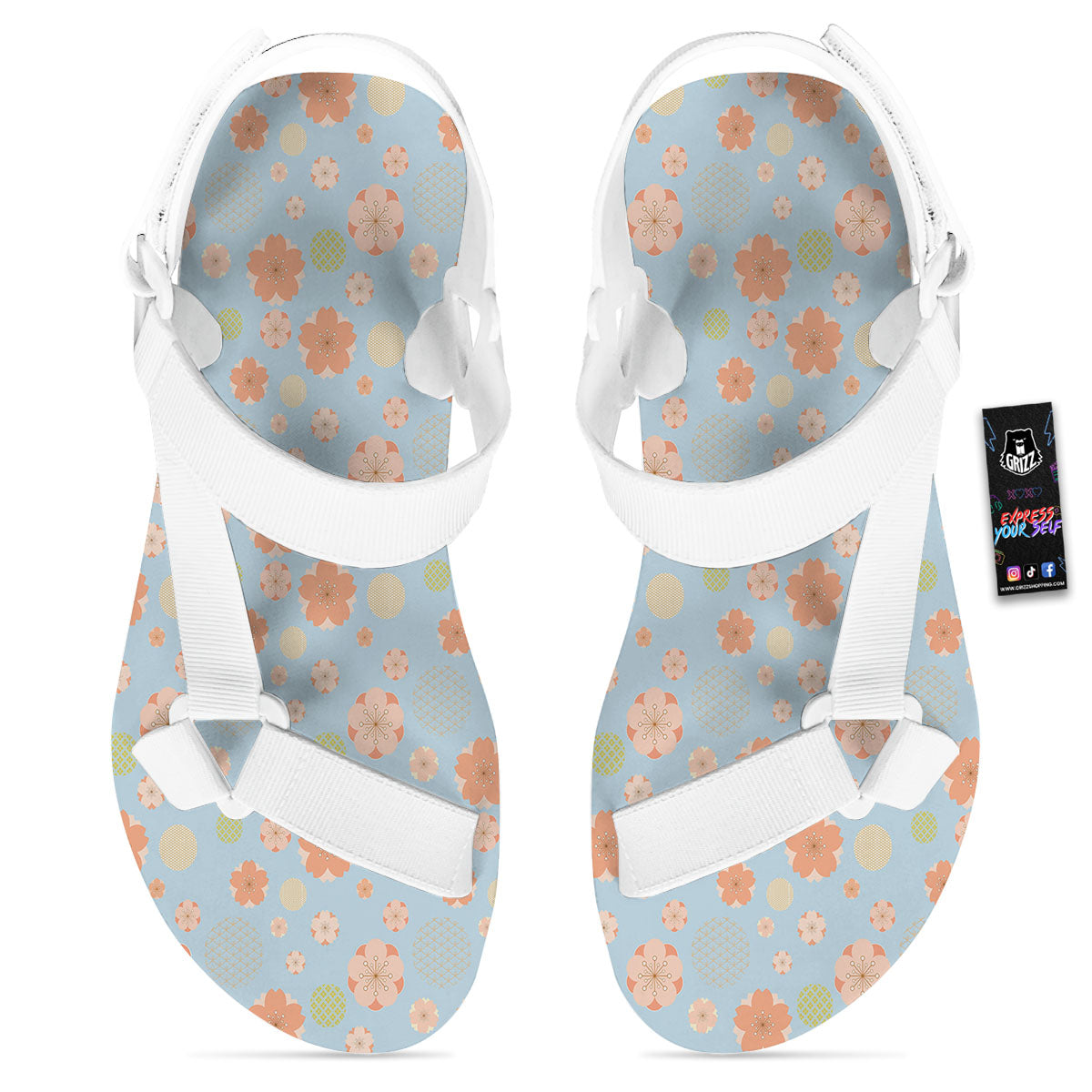 Kimono Cherry Blossom Print Pattern White Open Toe Sandals-grizzshop