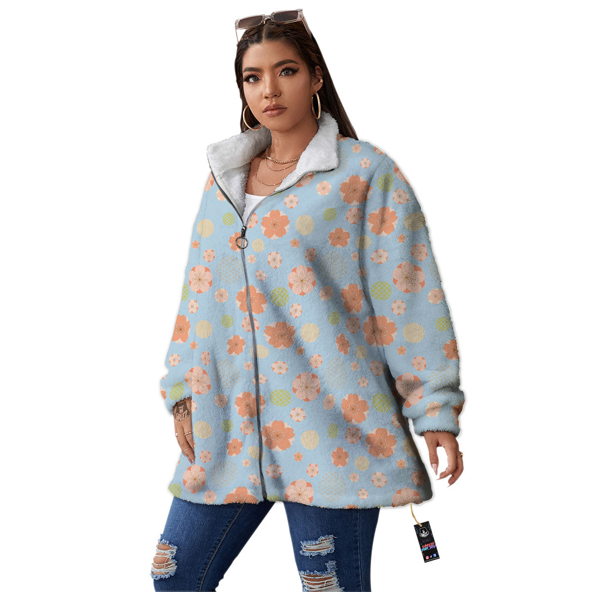 Kimono Cherry Blossom Print Pattern Women's Sherpa Jacket-grizzshop