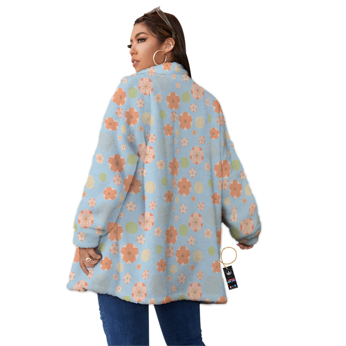 Kimono Cherry Blossom Print Pattern Women's Sherpa Jacket-grizzshop