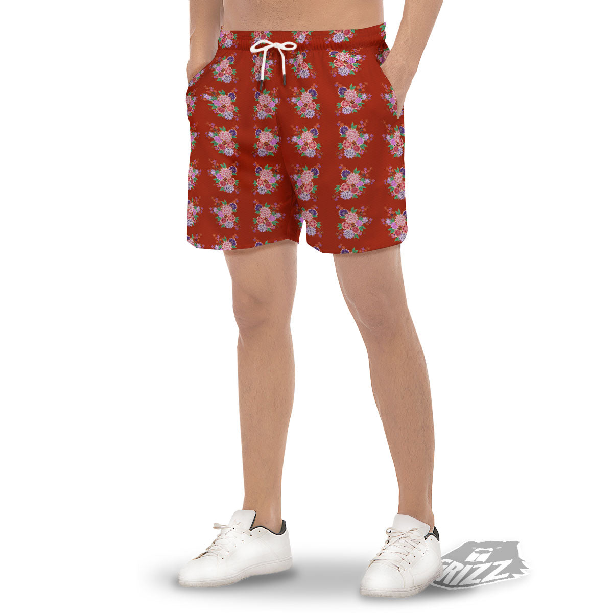 Kimono Floral Print Pattern Men's Gym Shorts-grizzshop