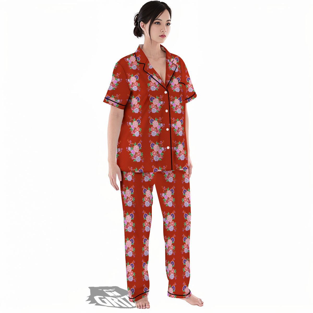 Kimono Floral Print Pattern Women's Pajamas Set-grizzshop
