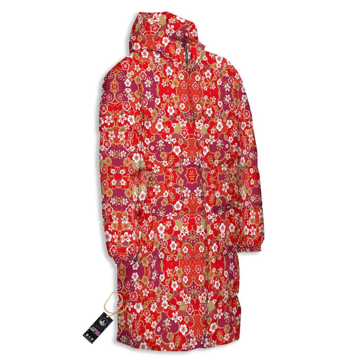 Kimono Flower Print Pattern Long Down Jacket-grizzshop
