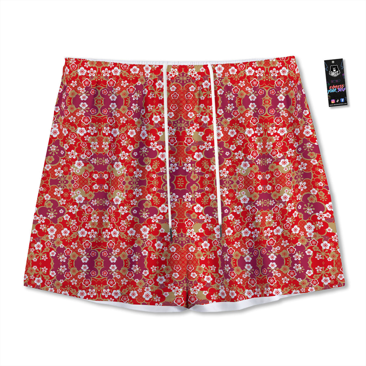 Kimono Flower Print Pattern Mesh Shorts-grizzshop