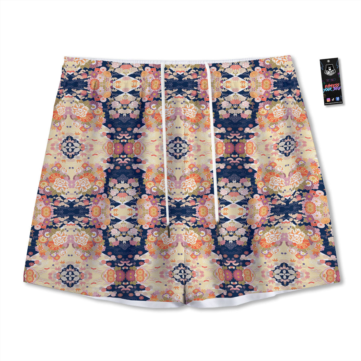 Kimono Japanese Print Pattern Mesh Shorts
