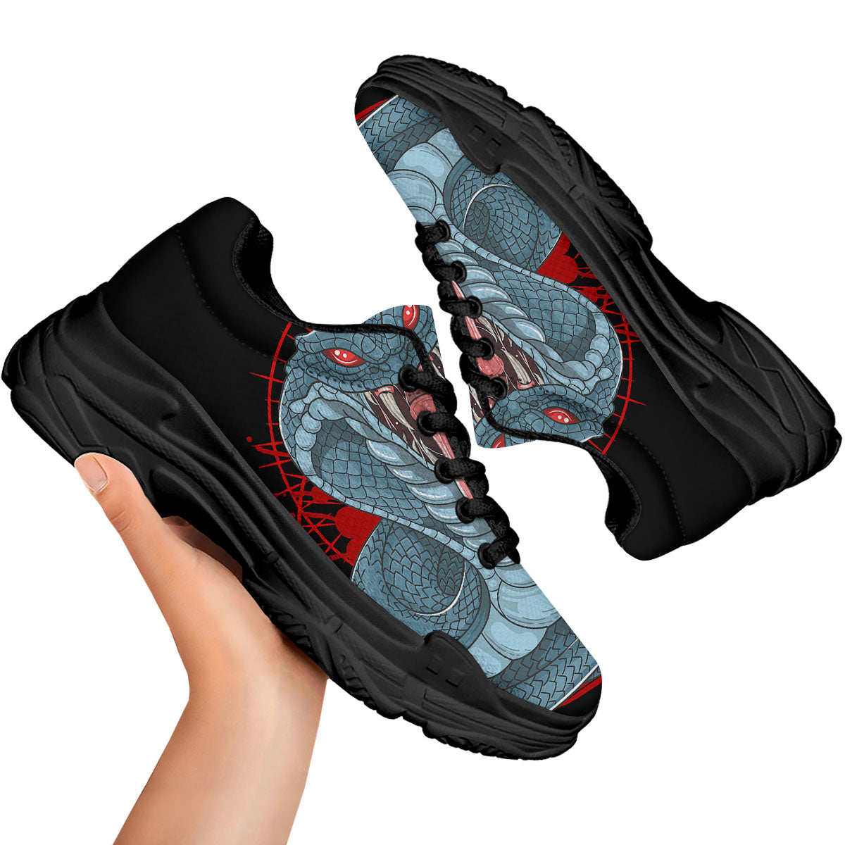 King Cobra Body Blue Print Black Chunky Shoes-grizzshop