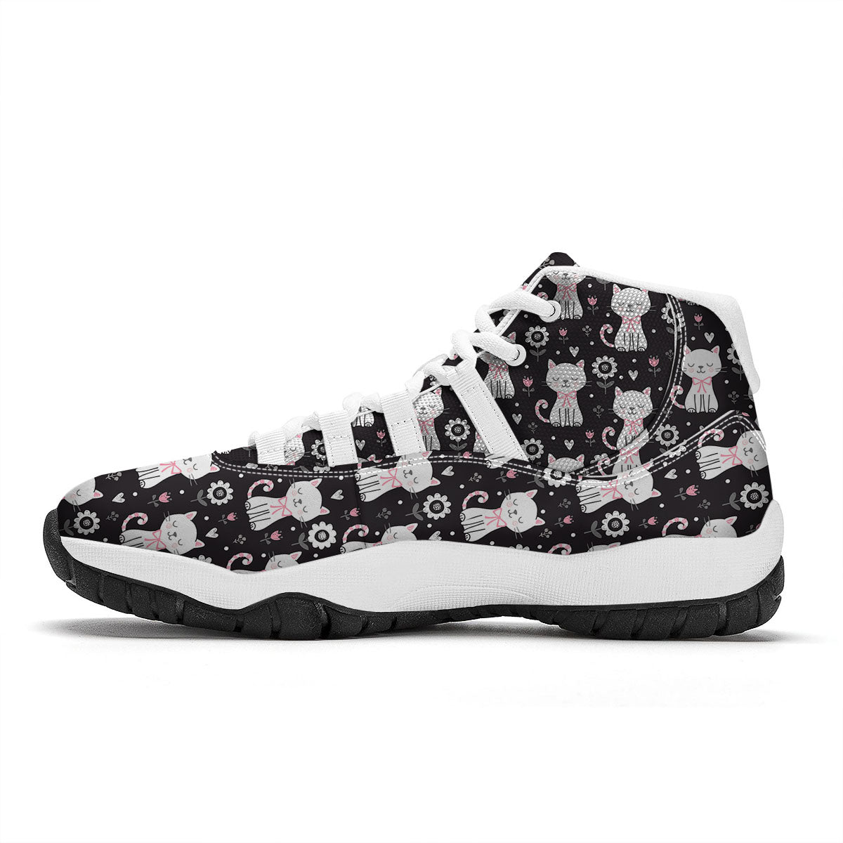 Kitten Floral Cat Pattern Print White Bball Shoes-grizzshop