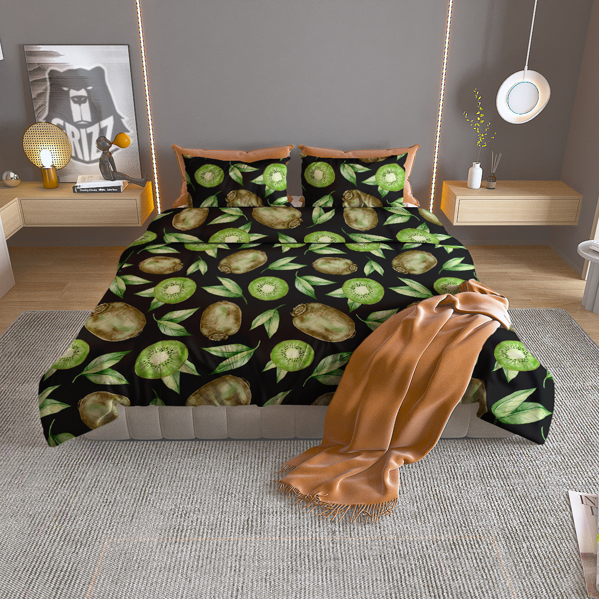 Kiwi Watercolor Print Pattern Duvet Cover Bedding Set