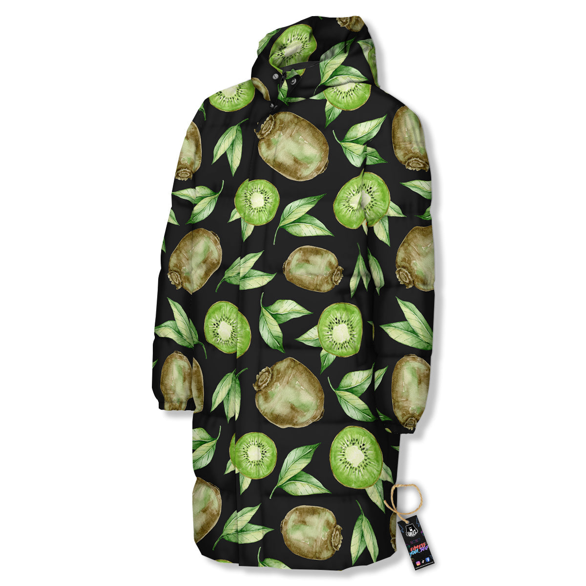 Kiwi Watercolor Print Pattern Long Down Jacket-grizzshop