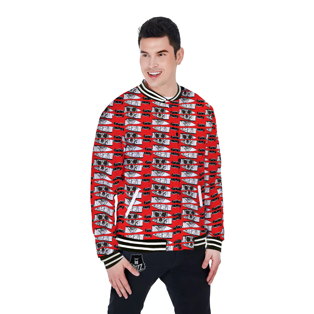 Knife And Skull Red Print Pattern Baseball Jacket-grizzshop