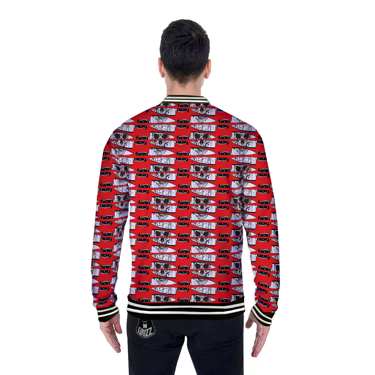 Knife And Skull Red Print Pattern Baseball Jacket-grizzshop