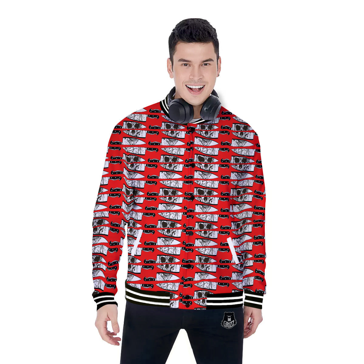 Knife And Skull Red Print Pattern Baseball Jacket-grizzshop