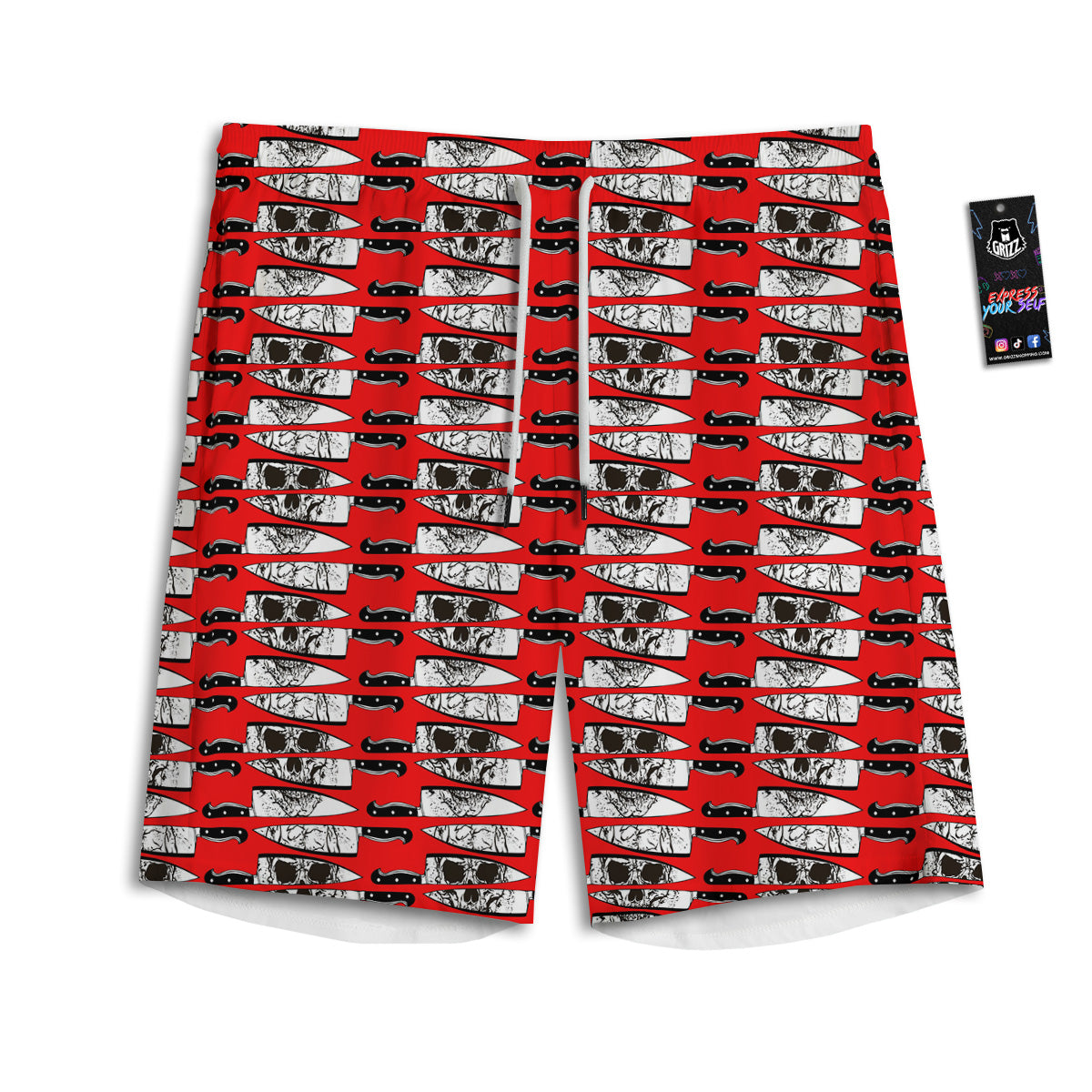 Knife And Skull Red Print Pattern Men's Athletic Shorts