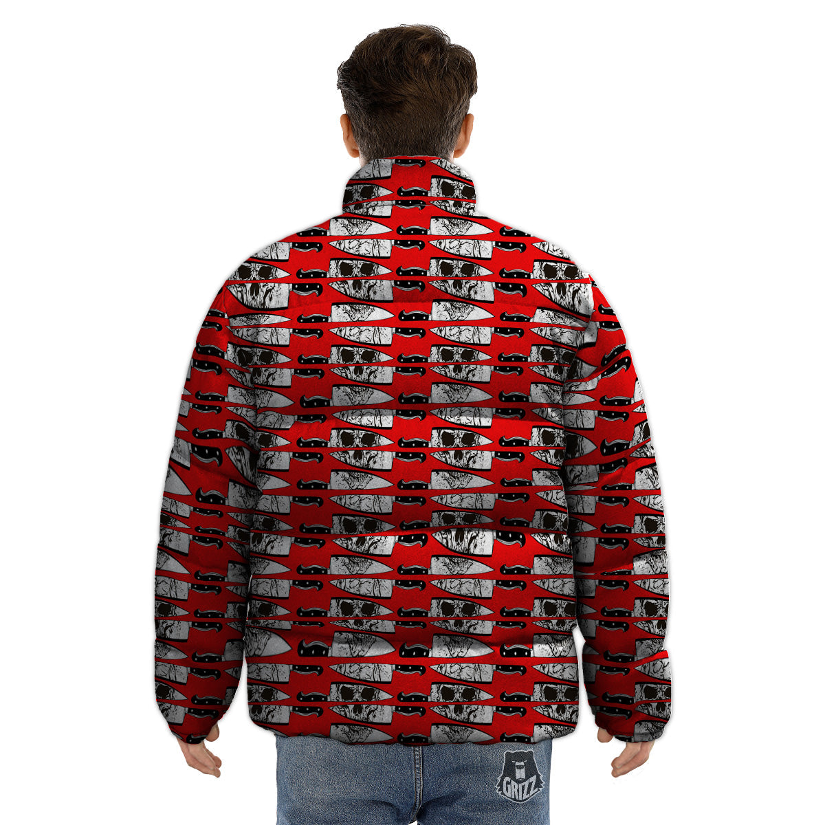 Knife And Skull Red Print Pattern Puffer Jacket-grizzshop