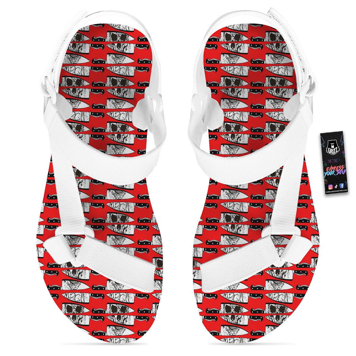 Knife And Skull Red Print Pattern White Open Toe Sandals-grizzshop