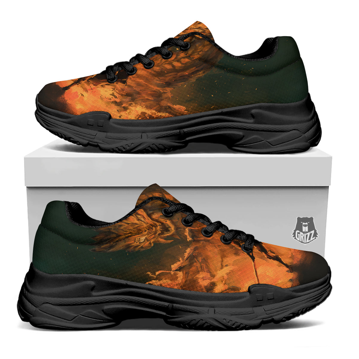 Knight Fight With Dragon Print Black Chunky Shoes-grizzshop