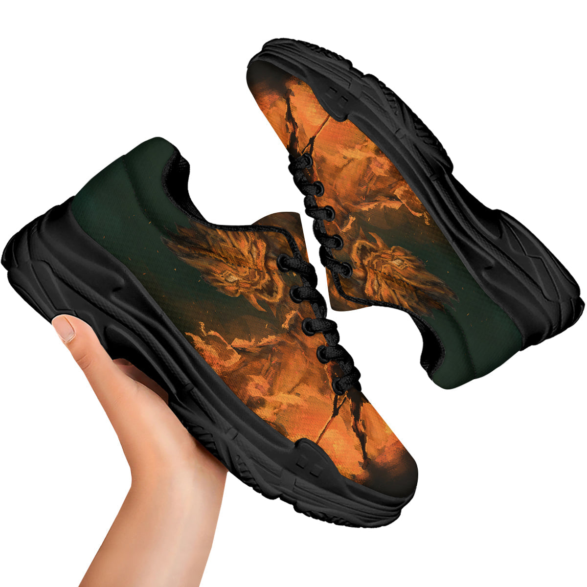 Knight Fight With Dragon Print Black Chunky Shoes-grizzshop