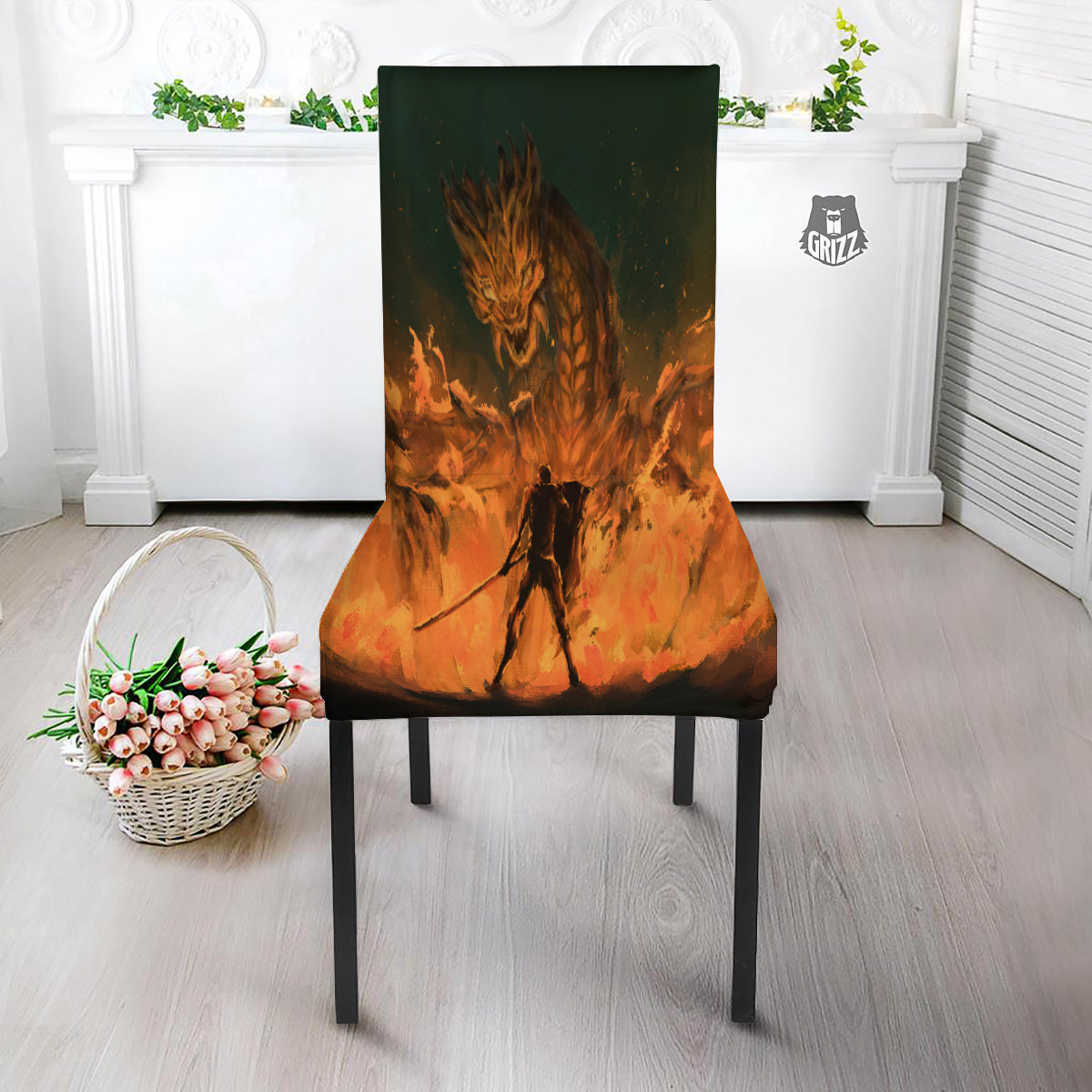 Knight Fight With Dragon Print Dining Chair Slipcover-grizzshop